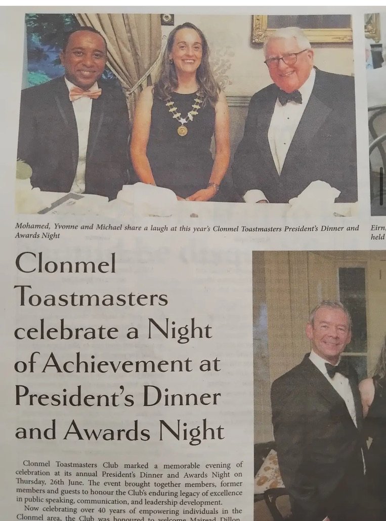 Newspaper clipping: Clonmel Toastmasters celebrate a Night of Achievement at President's Dinner and Awards Night